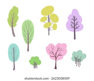 Hand-Drawn Cartoon Trees .Clipart Set Cute Doodle Style, Nature Illustration for Digital Design, Stickers, and Prints. Vector illustrations