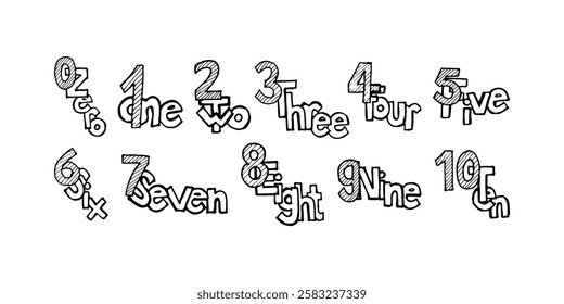 Hand-drawn cartoon vector doodle numbers and words from zero to ten.