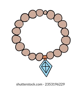 Hand-drawn cartoon women's necklace with pearls and a gemstone isolated on a white background. Flat design. Vector illustration.