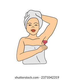A hand-drawn cartoon young woman shaves her armpits with a razor isolated on a white background. Flat design. Vector illustration.