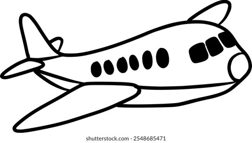 A hand-drawn cartoon-style airplane in black and white line art.