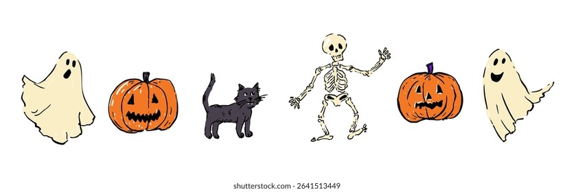 Hand-drawn cartoon-style clipart set featuring classic Halloween elements two cute ghosts, two jack-o -lantern pumpkins, a black cat, and a dancing skeleton.