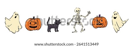 Hand-drawn cartoon-style clipart set featuring classic Halloween elements two cute ghosts, two jack-o -lantern pumpkins, a black cat, and a dancing skeleton.
