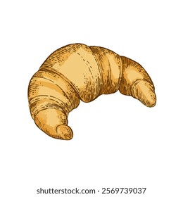 A hand-drawn cartoon-style illustration of a classic French croissant. Flaky, golden-brown pastry with curved edges, isolated on a white background