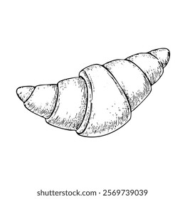 A hand-drawn cartoon-style illustration of a classic French croissant. Flaky, golden-brown pastry with curved edges, isolated on a white background