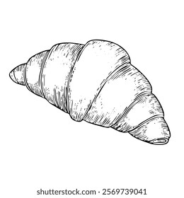 A hand-drawn cartoon-style illustration of a classic French croissant. Flaky, golden-brown pastry with curved edges, isolated on a white background