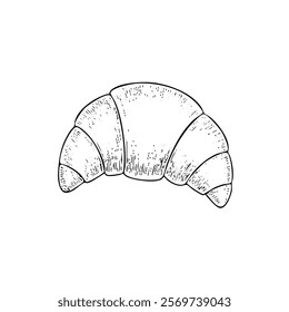 A hand-drawn cartoon-style illustration of a classic French croissant. Flaky, golden-brown pastry with curved edges, isolated on a white background