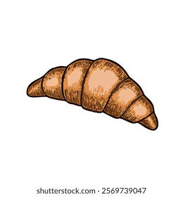 A hand-drawn cartoon-style illustration of a classic French croissant. Flaky, golden-brown pastry with curved edges, isolated on a white background