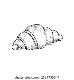 A hand-drawn cartoon-style illustration of a classic French croissant. Flaky, golden-brown pastry with curved edges, isolated on a white background