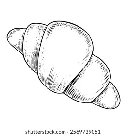 A hand-drawn cartoon-style illustration of a classic French croissant. Flaky, golden-brown pastry with curved edges, isolated on a white background