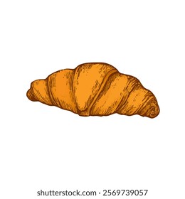 A hand-drawn cartoon-style illustration of a classic French croissant. Flaky, golden-brown pastry with curved edges, isolated on a white background