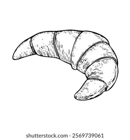 A hand-drawn cartoon-style illustration of a classic French croissant. Flaky, golden-brown pastry with curved edges, isolated on a white background