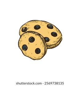 A hand-drawn cartoon-style illustration of a round, sweet cookie. Golden-brown with a soft texture, decorated with chocolate chips, isolated on a white background.