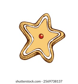 A hand-drawn cartoon-style illustration of a round, sweet cookie. Golden-brown with a soft texture, decorated with chocolate chips, isolated on a white background.