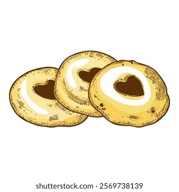 A hand-drawn cartoon-style illustration of a round, sweet cookie. Golden-brown with a soft texture, decorated with chocolate chips, isolated on a white background.