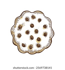 A hand-drawn cartoon-style illustration of a round, sweet cookie. Golden-brown with a soft texture, decorated with chocolate chips, isolated on a white background.