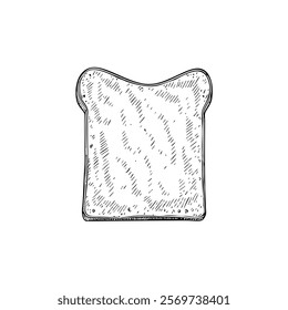 A hand-drawn cartoon-style illustration of a slice of toast bread. Golden edges with a soft, fluffy center, isolated on a white background