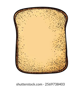 A hand-drawn cartoon-style illustration of a slice of toast bread. Golden edges with a soft, fluffy center, isolated on a white background