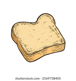 A hand-drawn cartoon-style illustration of a slice of toast bread. Golden edges with a soft, fluffy center, isolated on a white background