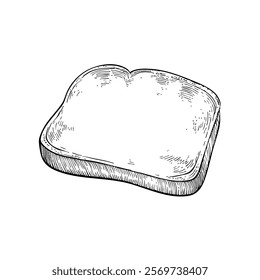 A hand-drawn cartoon-style illustration of a slice of toast bread. Golden edges with a soft, fluffy center, isolated on a white background