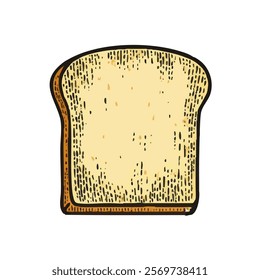 A hand-drawn cartoon-style illustration of a slice of toast bread. Golden edges with a soft, fluffy center, isolated on a white background