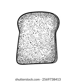 A hand-drawn cartoon-style illustration of a slice of toast bread. Golden edges with a soft, fluffy center, isolated on a white background