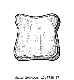 A hand-drawn cartoon-style illustration of a slice of toast bread. Golden edges with a soft, fluffy center, isolated on a white background