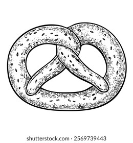 A hand-drawn cartoon-style illustration of a traditional pretzel. Golden-brown, twisted dough with a glossy surface and coarse salt sprinkled on top, isolated on a white background