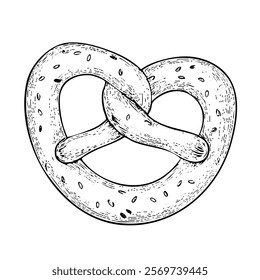 A hand-drawn cartoon-style illustration of a traditional pretzel. Golden-brown, twisted dough with a glossy surface and coarse salt sprinkled on top, isolated on a white background