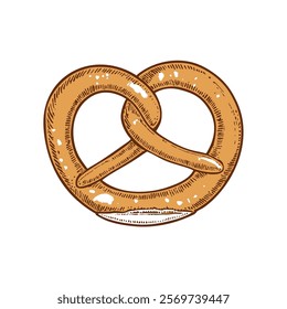 A hand-drawn cartoon-style illustration of a traditional pretzel. Golden-brown, twisted dough with a glossy surface and coarse salt sprinkled on top, isolated on a white background