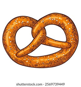 A hand-drawn cartoon-style illustration of a traditional pretzel. Golden-brown, twisted dough with a glossy surface and coarse salt sprinkled on top, isolated on a white background