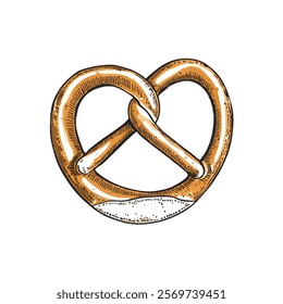 A hand-drawn cartoon-style illustration of a traditional pretzel. Golden-brown, twisted dough with a glossy surface and coarse salt sprinkled on top, isolated on a white background