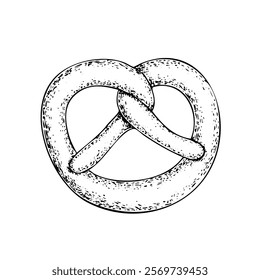 A hand-drawn cartoon-style illustration of a traditional pretzel. Golden-brown, twisted dough with a glossy surface and coarse salt sprinkled on top, isolated on a white background