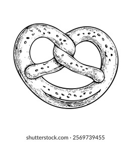 A hand-drawn cartoon-style illustration of a traditional pretzel. Golden-brown, twisted dough with a glossy surface and coarse salt sprinkled on top, isolated on a white background