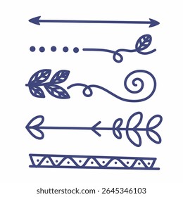 Hand-drawn cartoon-style text dividers with botanical and decorative arrows. Clean blue outlines, perfect for bullet journals, wedding invites, scrapbooks, and creative layouts.