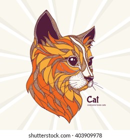 Hand-drawn cat in color with lines doodle pattern. Zendala, design for spiritual relaxation for adults, vector illustration, isolated on a white background. Zen doodles.