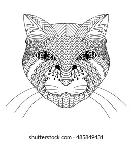 Hand-drawn cat. Coloring book for adults, vector illustration, isolated on a white background.
