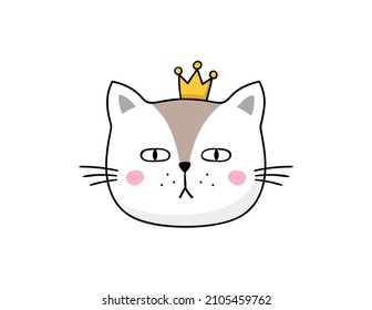 Hand-drawn cat with crown. Vector cartoon kitty head.
