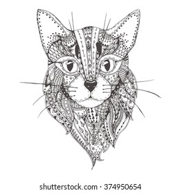 Hand-drawn cat with ethnic floral doodle pattern. Coloring page - zendala, design for spiritual relaxation for adults, vector illustration, isolated on a white background. Zen doodles.