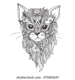 Hand-drawn cat with ethnic floral doodle pattern. Coloring page - zendala, design for spiritual relaxation for adults, vector illustration, isolated on a white background. Zen doodles.
