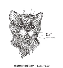 Hand-drawn cat with ethnic floral doodle pattern. Coloring page - zendala, design for spiritual relaxation for adults, vector illustration, isolated on a white background. Zen doodles.