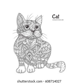 Hand-drawn cat with ethnic floral doodle pattern. Coloring page - zendala, design for spiritual relaxation for adults, vector illustration, isolated on a white background. Zen doodles.