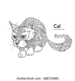 Hand-drawn cat with ethnic floral doodle pattern. Coloring page - zendala, design for spiritual relaxation for adults, vector illustration, isolated on a white background. Zen doodles.