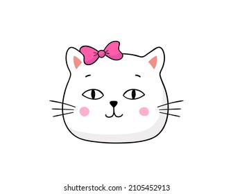 Hand-drawn Cat Face With Bow. Vector Cartoon Kitty Head.