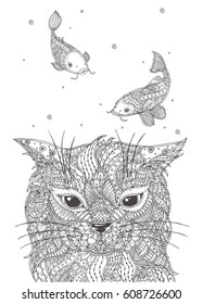 Hand-drawn cat and fish with ethnic floral doodle pattern. Coloring page - zendala, design for spiritual relaxation for adults, vector illustration, isolated on a white background. Zen doodles.