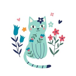 Hand-drawn Cat And Flowers. Cute Flower Cat In Cartoon Style. Vector Illustration Isolated On White Background. Design Element Of T-shirt, Postcards, Posters Home Textiles, Children's Textiles.