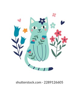 Hand-drawn cat and flowers. Cute Flower Cat in cartoon style. Vector illustration isolated on white background. Design element of t-shirt, postcards, posters home textiles, children's textiles.