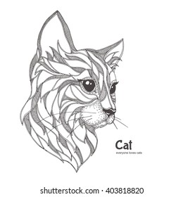 Hand-drawn cat with lines doodle pattern. Coloring page - zendala, design for spiritual relaxation for adults, vector illustration, isolated on a white background. Zen doodles.