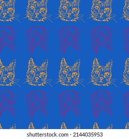 A hand-drawn cat, presented in the form of a pattern.Pattern on a blue background. An idea for a seamless pattern. 