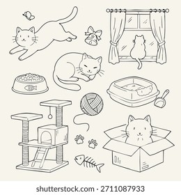 Conjunto de gato desenhado à mão: gatos bonitos e acessórios para cuidar de animais de estimação. Inclui gatinhos, caixa de areia, tigela de comida, poste de coçar, bola de fio, impressões de pata e janela. Vetor de contorno.